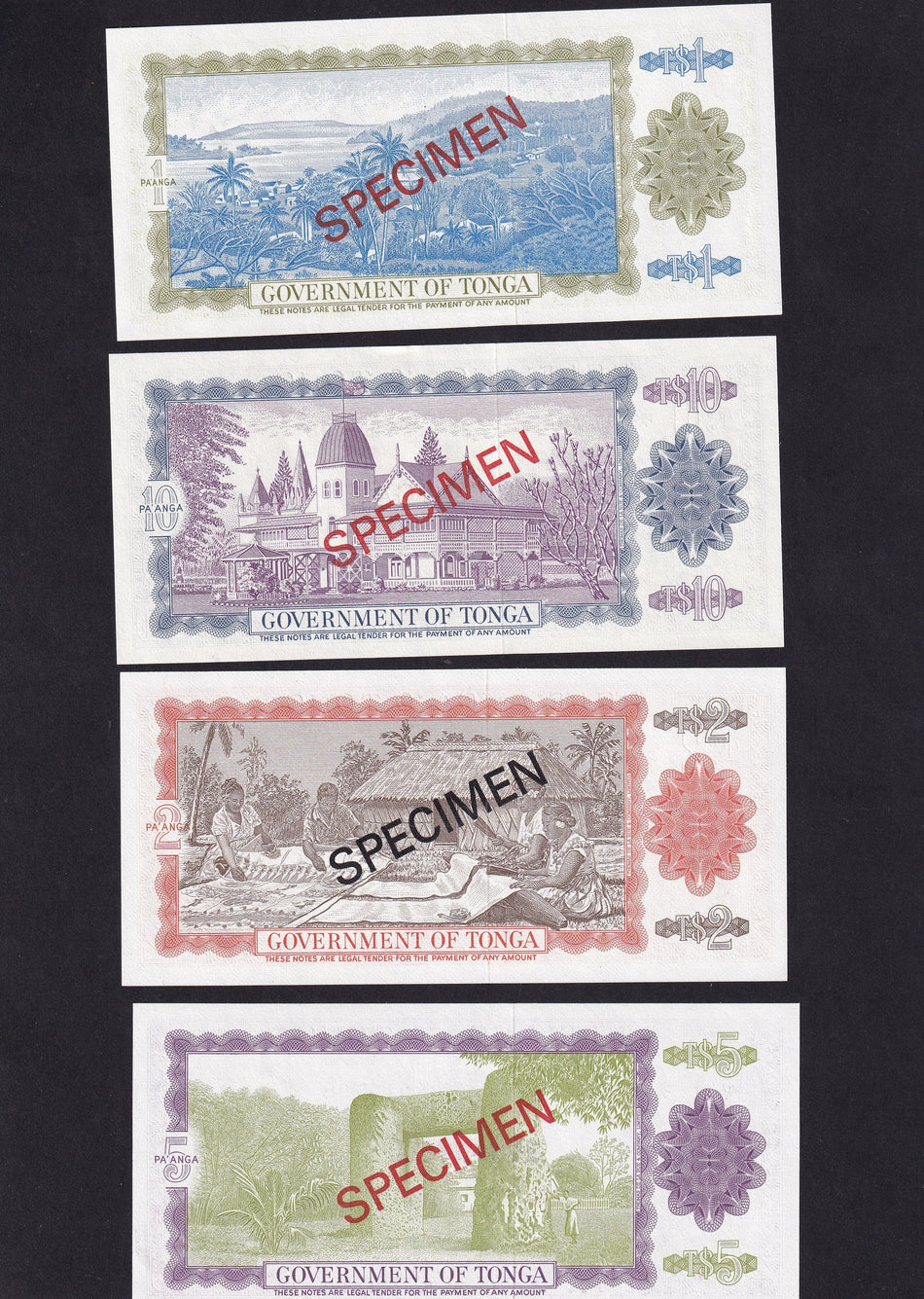 Tonga (PCS1) 1, 2, 5 & 10 Pa'anga specimen set (4 notes) collector's series, no.010798, UNC