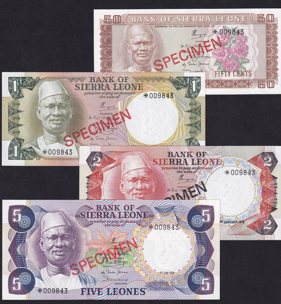 Sierra Leone (PCS1) 50 Cents - 5 Leones specimen set (4 notes) collector's series, no.009843, UNC