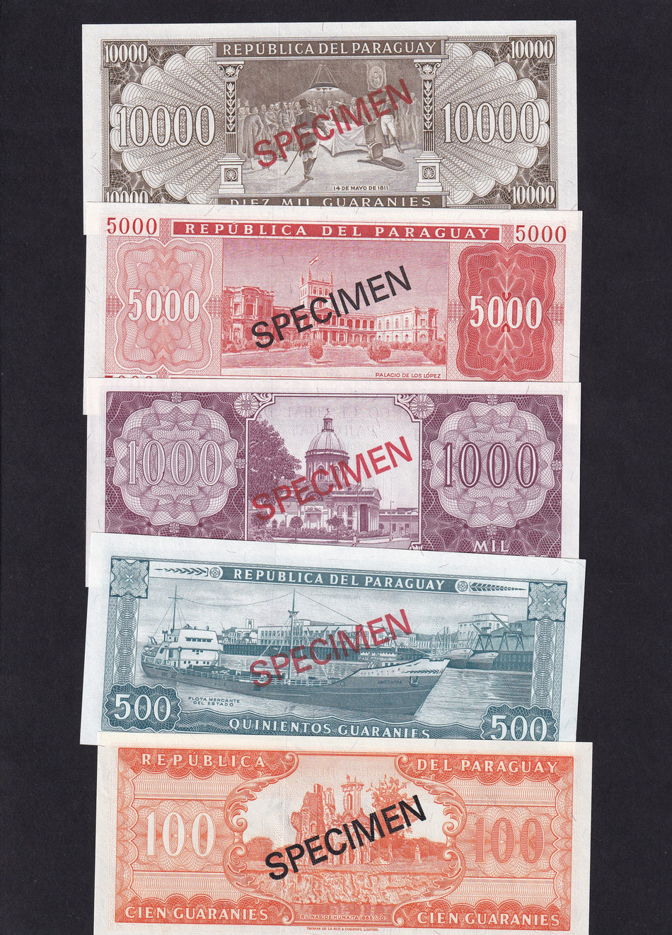 Paraguay (PCS1) 100 - 10,000 Guaranies specimen set (5 notes) collector's series, no.010429, UNC