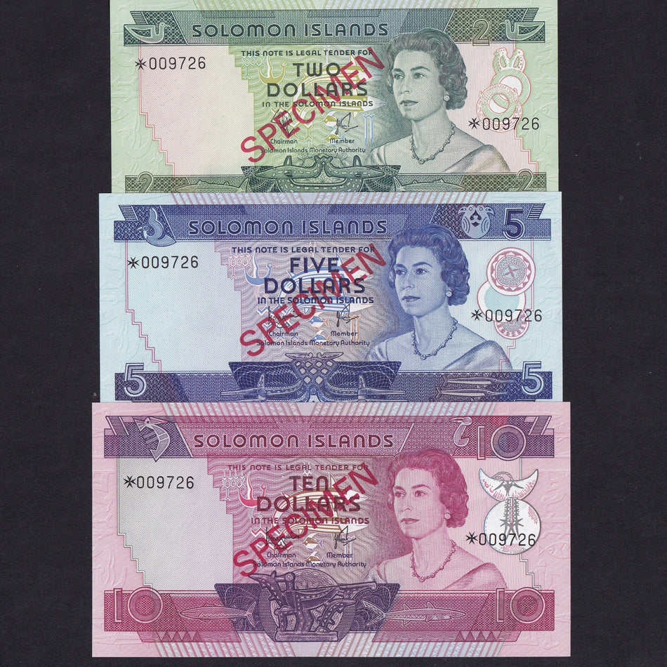 Solomon Islands (PCS1) $2 - $10 specimen set (3 notes) collector's series, QEII, no.009726, UNC