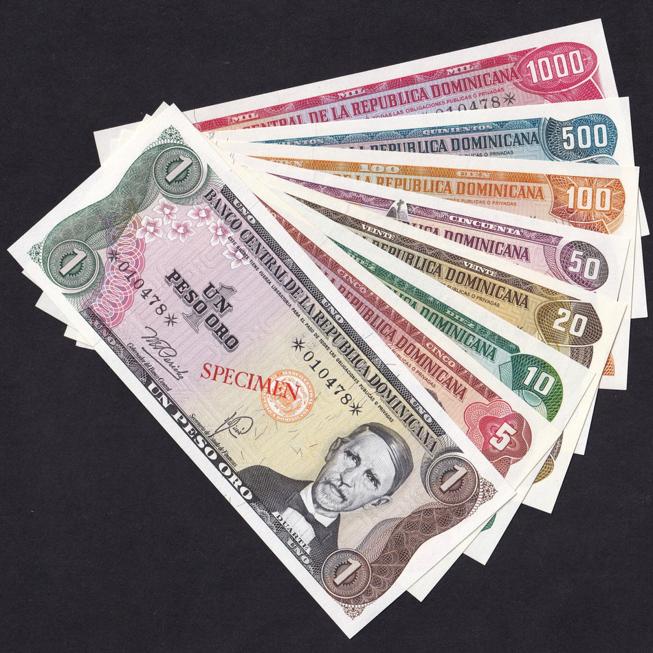 Dominican Republic (PCS1) 1 - 1000 Pesos Oro specimen set (8 notes) collector's series, no.010478, UNC