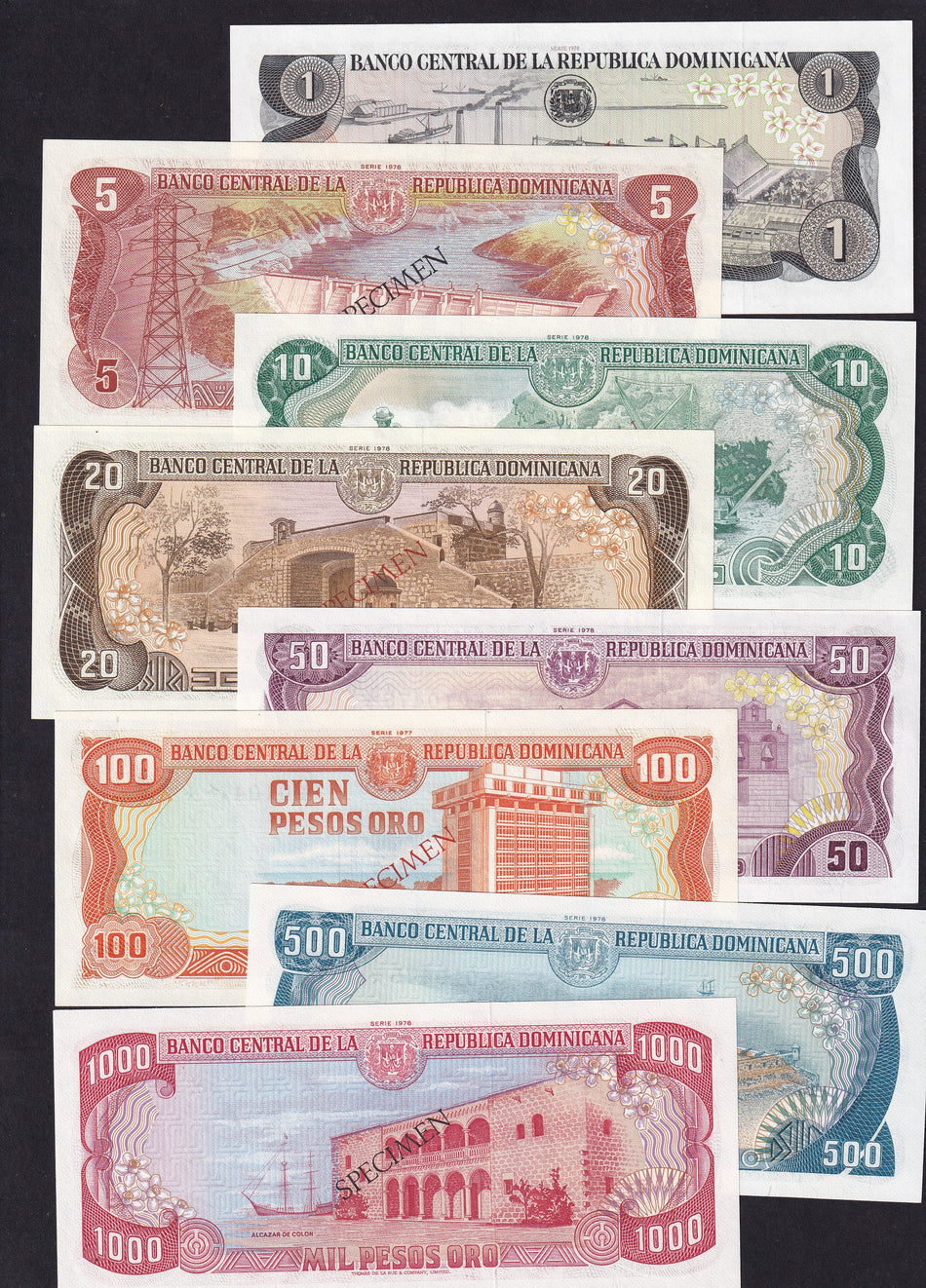 Dominican Republic (PCS1) 1 - 1000 Pesos Oro specimen set (8 notes) collector's series, no.010478, UNC