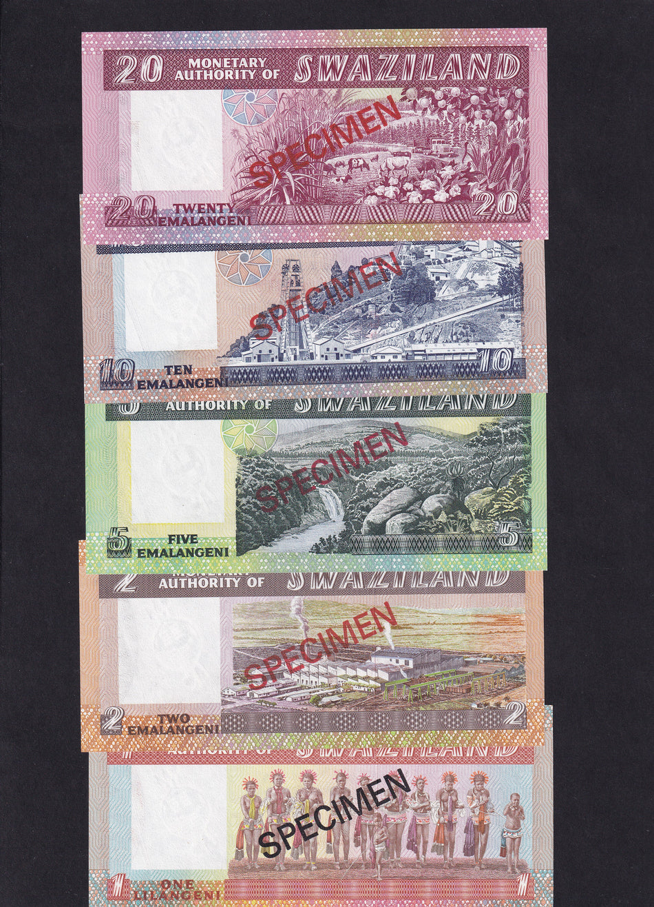 Swaziland (PCS1) 1 - 20 Lilangeni specimen set (5 notes) collector set, no.009890, UNC