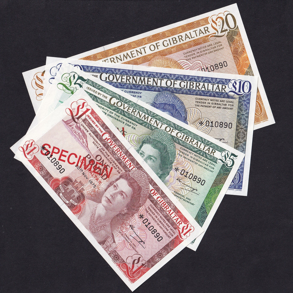 Gibraltar (PCS1) £1 - £20 specimen set (4 notes) collector series, QEII, no.010890, UNC