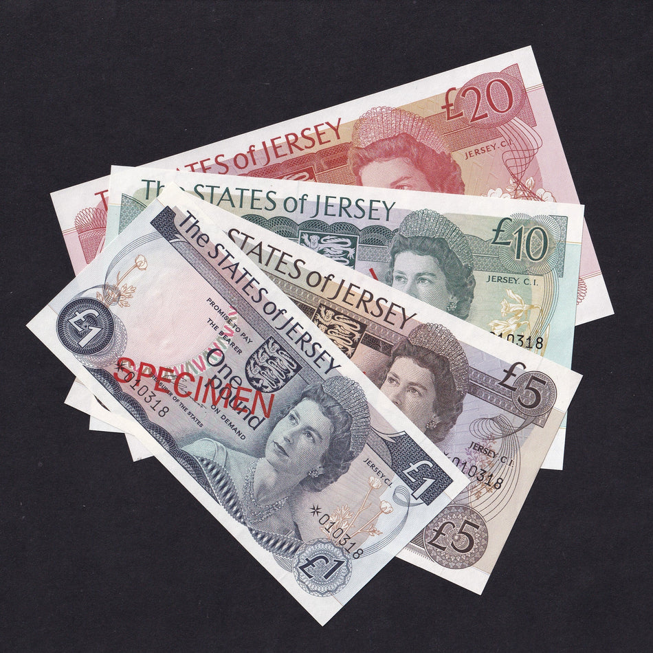 Jersey (PCS1) £1 - £20 specimen set (4 notes) collector series, no.010318, Clennett, UNC