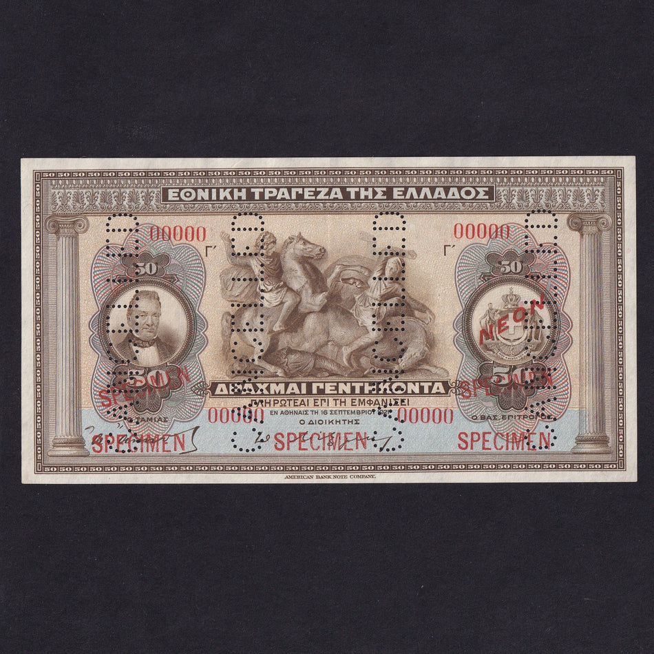 Greece (P66a) 50 Drachmai specimen, 16th September 1921, Good EF