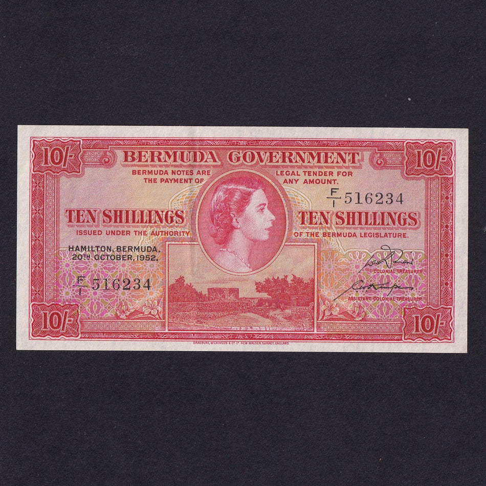 Bermuda (P19a) 10 Shillings, 20th October 1952, first date, F/1 516234, EF