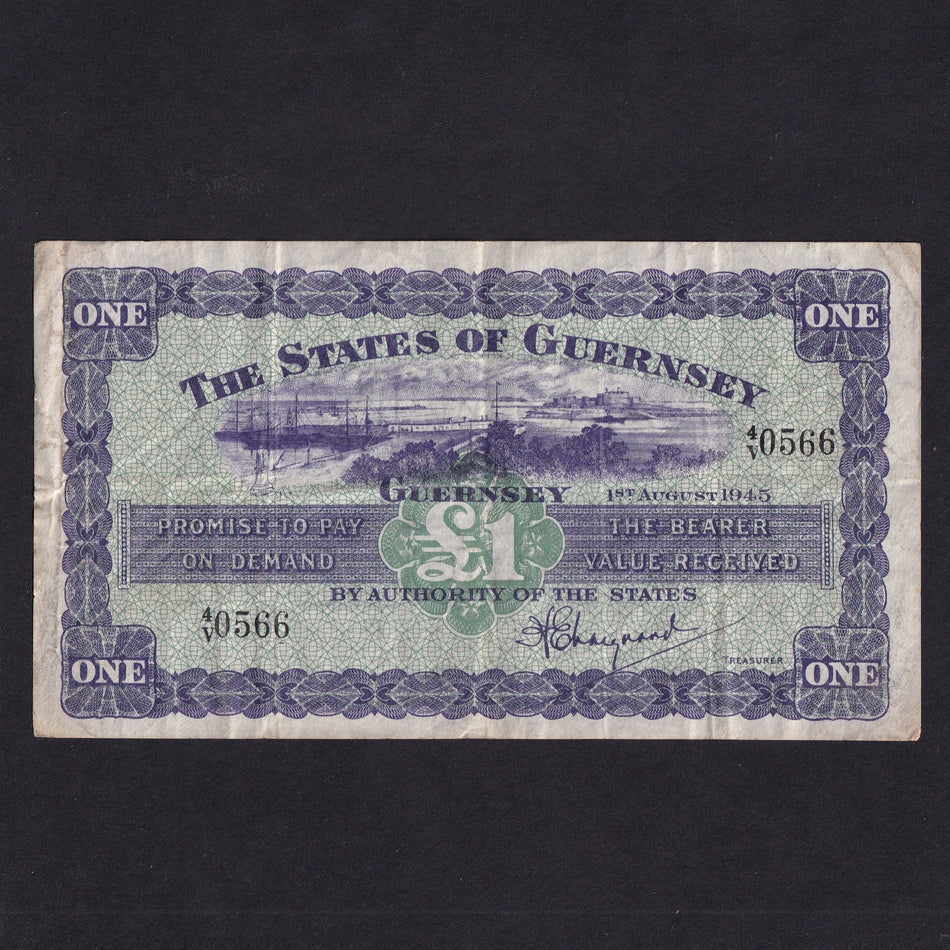 Guernsey (P43a) £1, 1st August 1945, 4/V 0566, Fine