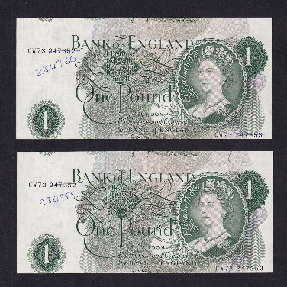 Bank of England (B322) Page, £1 error pair, miscut & mismatched serials, CW73 247352/ 247353 crossed out, 234959 & 234960 added in pen, A/UNC