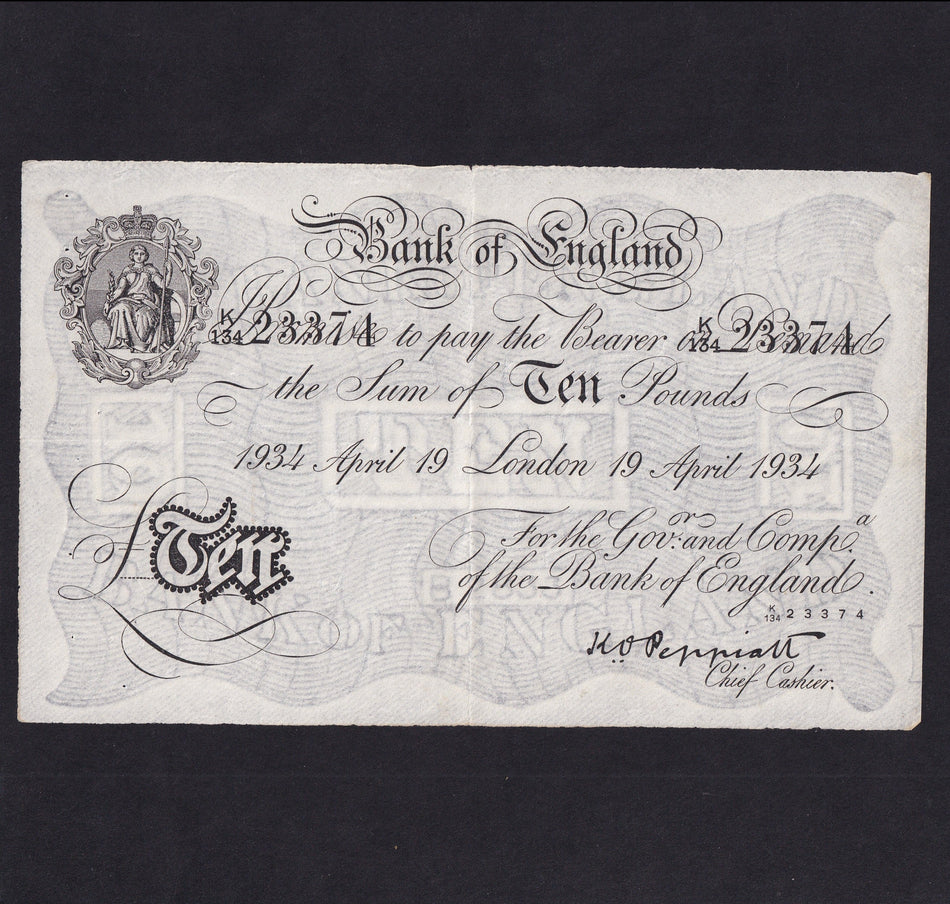 Operation Bernhard - Nazi forgery 1942-44, Peppiatt , £10, 19th April 1934, K134 23374, VF