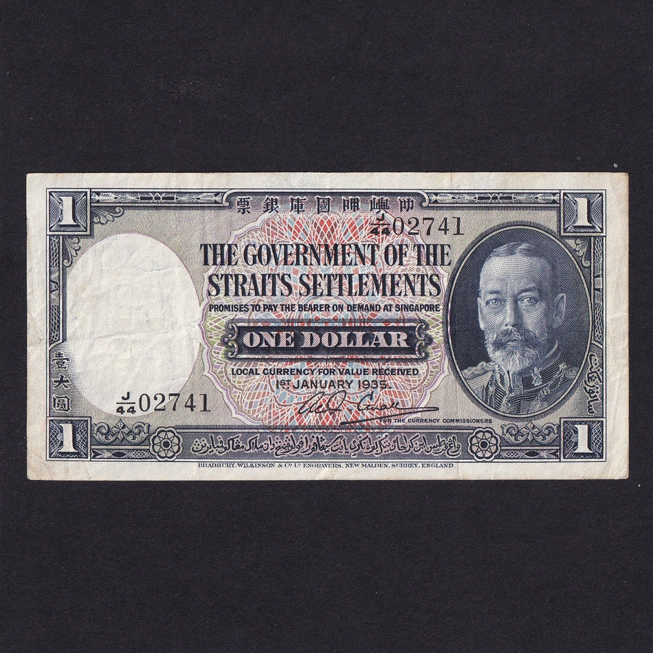 Straits Settlements (P16b) $1, 1st January 1935, KGV, J/44 02741, A/VF