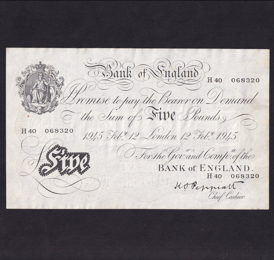 Bank of England (P255) Peppiatt, £5, 12th February 1945, thick paper, H40 068320, discolour, rust, VF