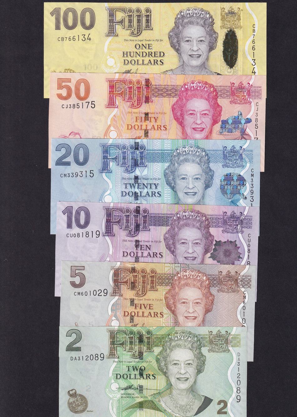 Fiji (P109a-113a) $2-$100 set (6 notes), QEII, Narube signature, UNC