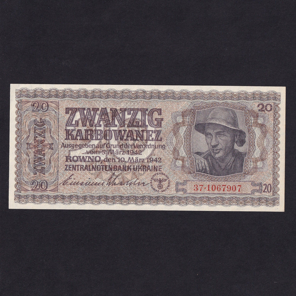 Ukraine (P53) 20 Karbowanez, 1942, German Occupation WWII, 37.1067907, UNC