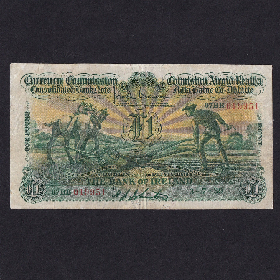 Ireland (P.8b) Bank of Ireland, £1, 3rd July 1939, ploughman, 07BB 019951, Brennan/ Johnston, PMI CBI 7, pressed, Fine