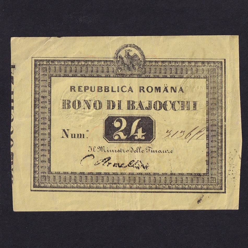 Italian States (PS.573) 24 Bajocchi, 1849, yellow paper, Good VF