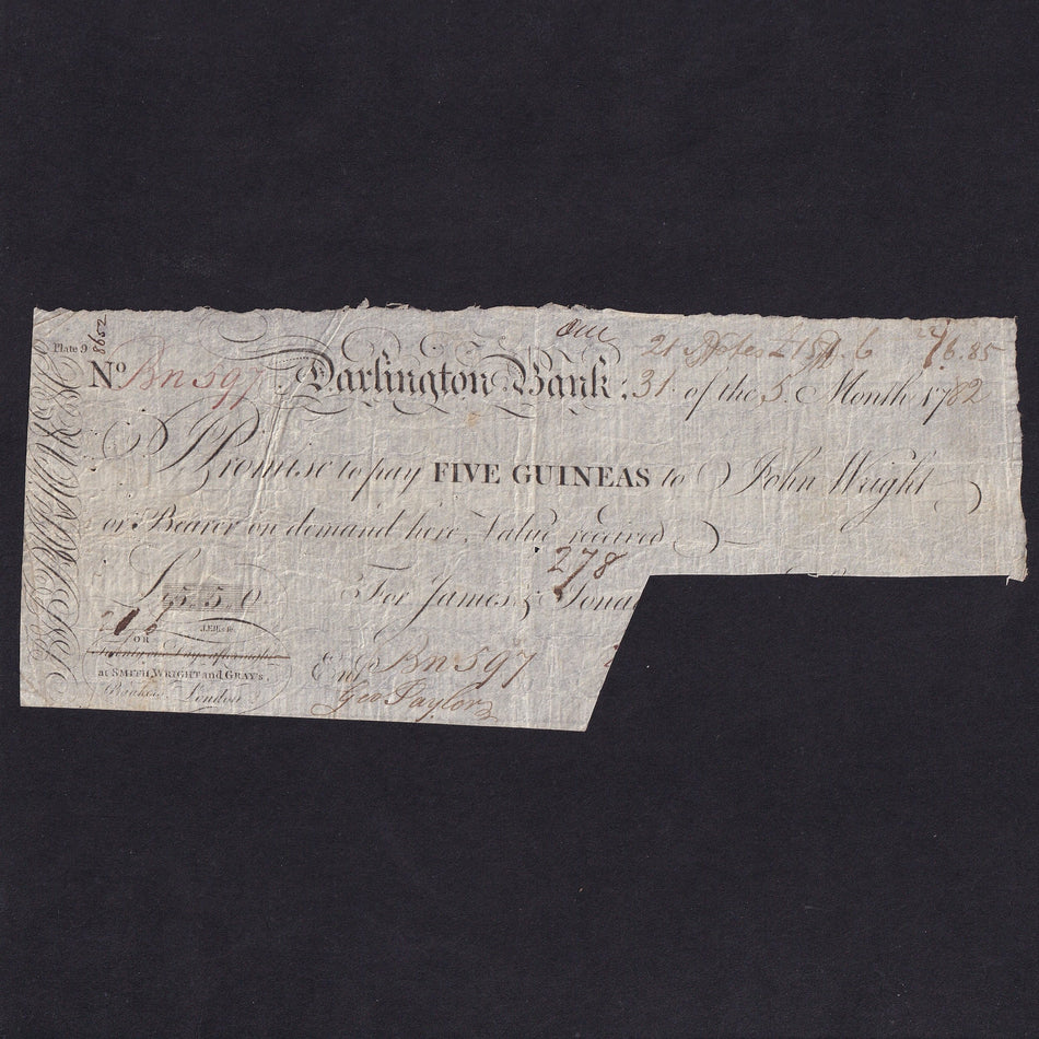 Provincial - Darlington Bank, 5 Guineas, 1782, James & Jonathon Blackhouse & Co., Outing 629f, cut cancelled, formed into Barclay & Co. Ltd. 1895, A/VF