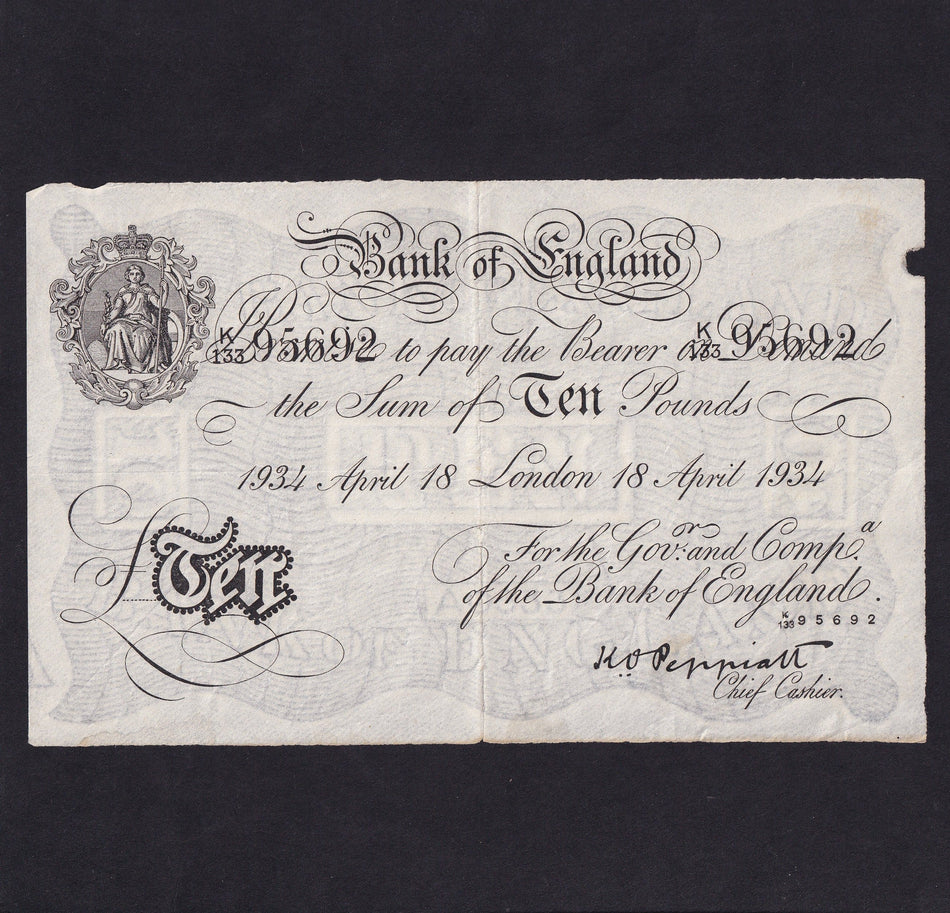 Operation Bernhard - Nazi forgery 1942-44, Peppiatt , £10, 18th April 1934, K133 95692, VF