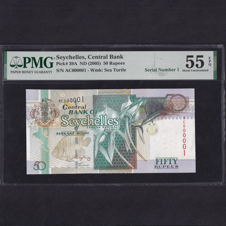 Seychelles, 50 Rupees, 2005, AC000001, BNB413a, with sliver swordfish added, PMG55, UNC