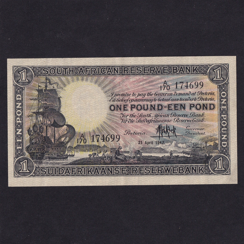 South Africa (P84f) £1, 12th April 1947, De Kock signature, A/170 174699, folds, EF