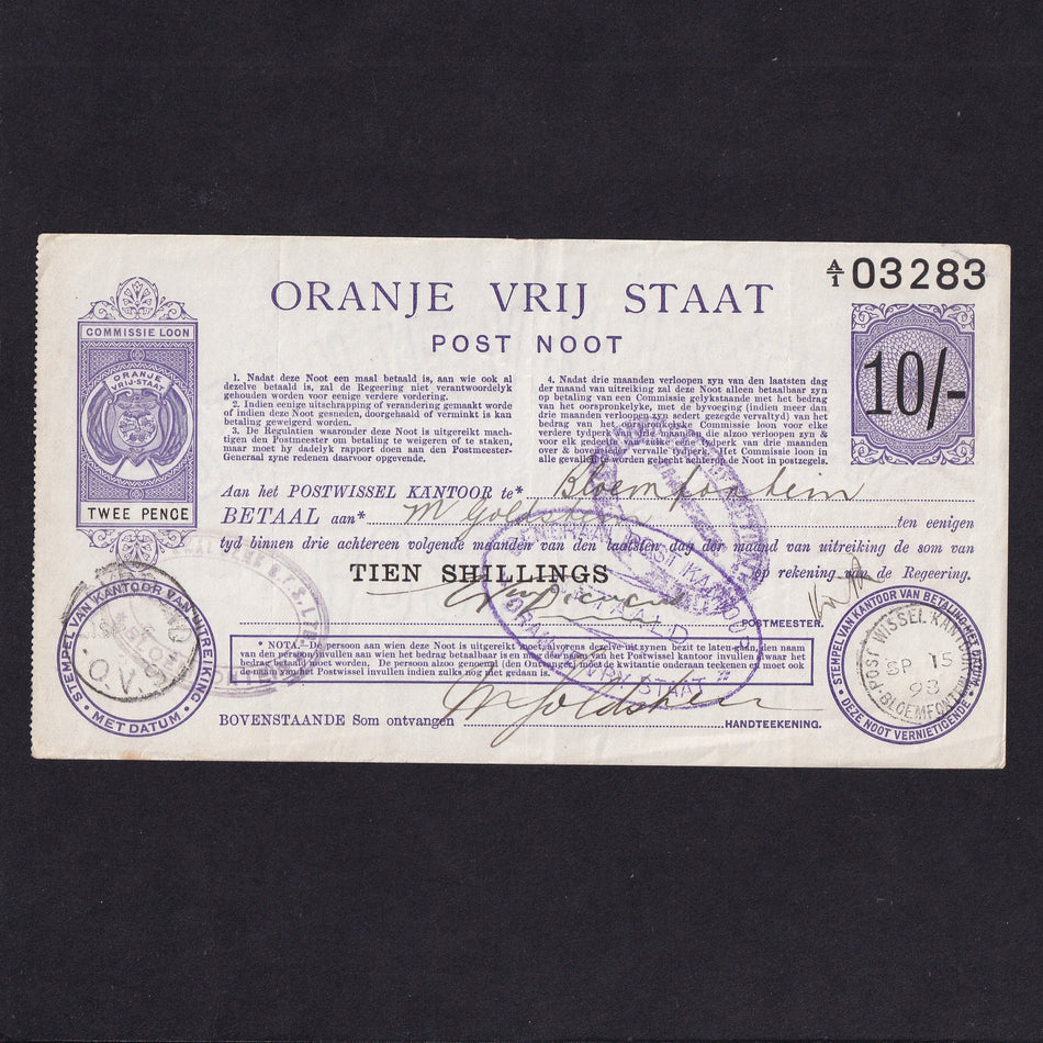 South Africa (PS685) 10 Shillings Orange Free State postal order, 1898, A/1 03283, cancelled, VF