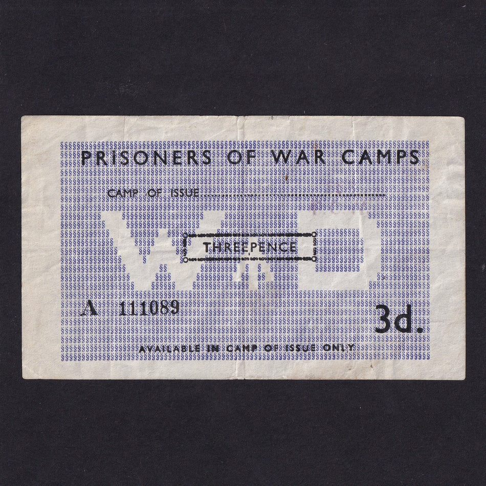 POW Camps for Axis, Threepence, but no camp number, A 111089, WWII, paper residue on reverse, Fine