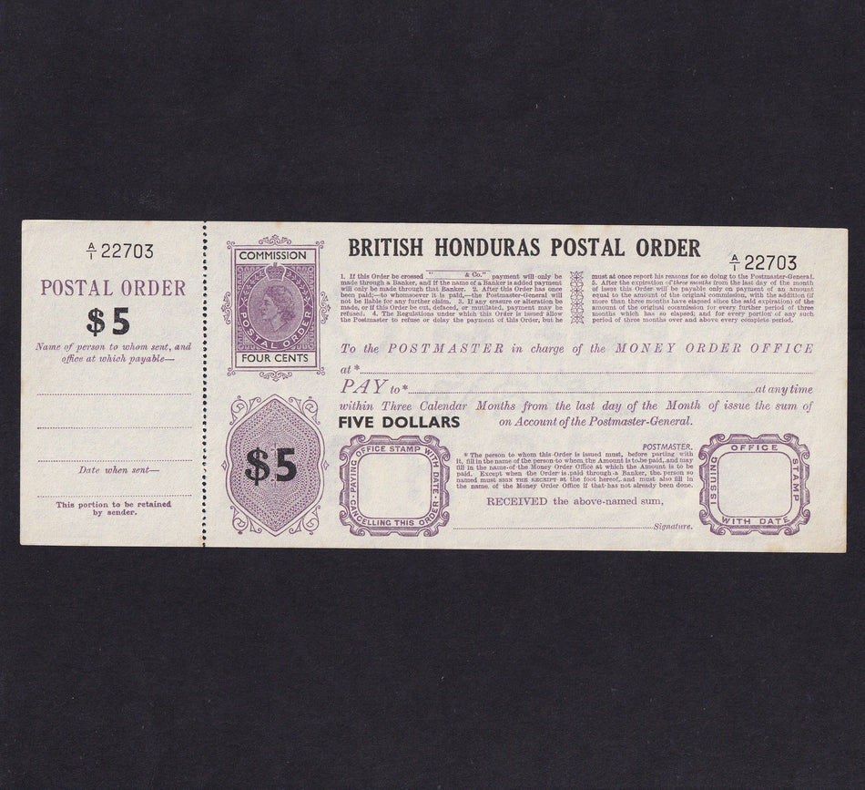 British Honduras, $5 postal order, QEII, A/1 220703, unissued, Good EF