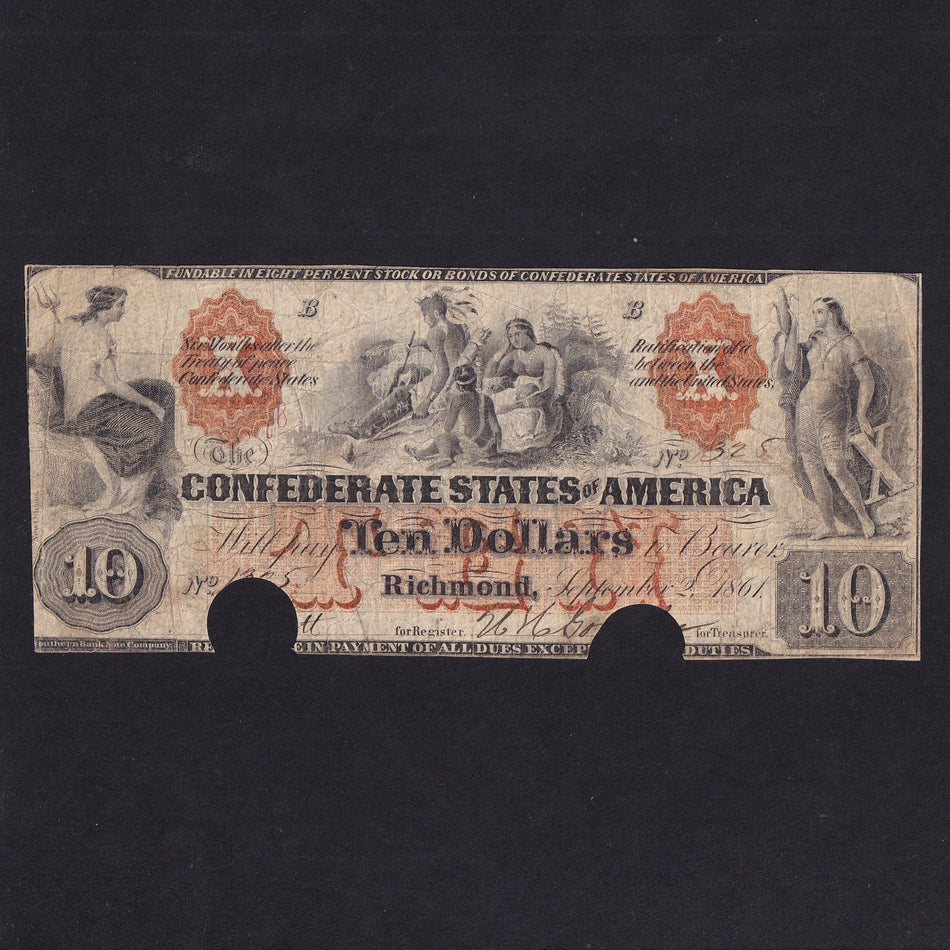 Confederate States (P21) $10, 2nd September 1861, Indians, red & black, hole cancelled, VG