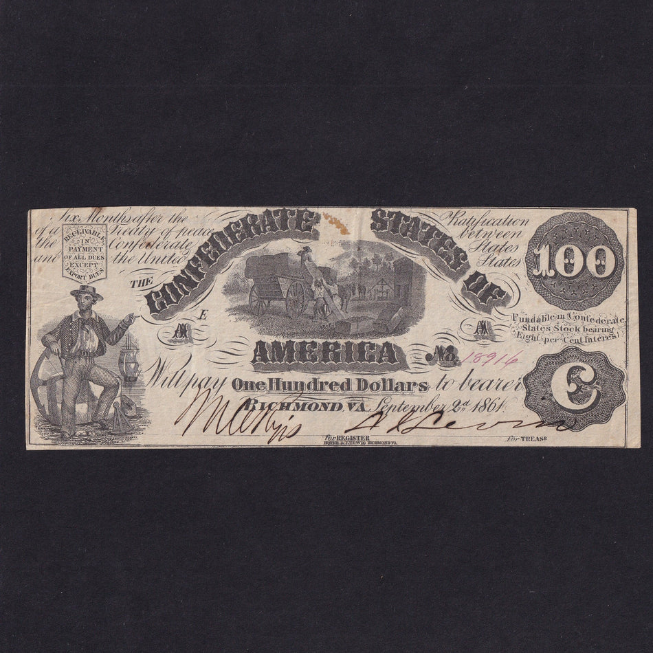 Confederate States (P38) $100, 2nd September 1861, no.18916, rust, VF