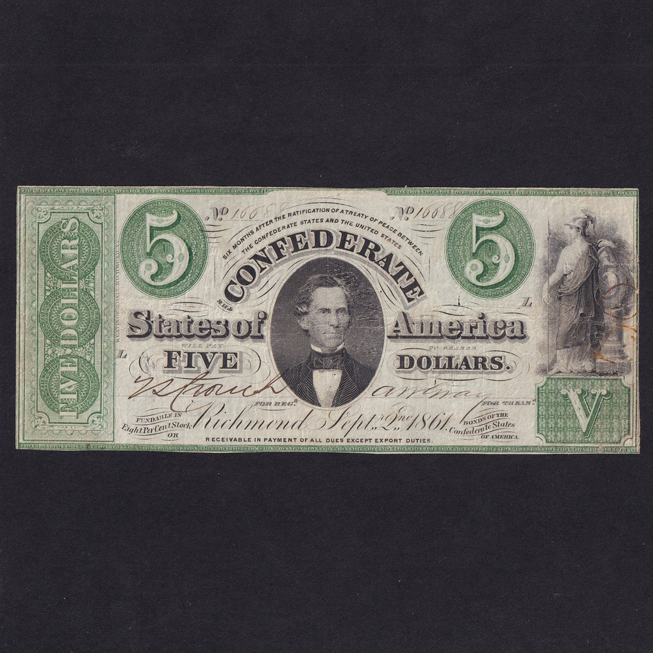 Confederate States (P16b) $5, 2nd September 1861, Memminger, green/ black, no.16688, Keating & Ball, cut cancelled, Fine