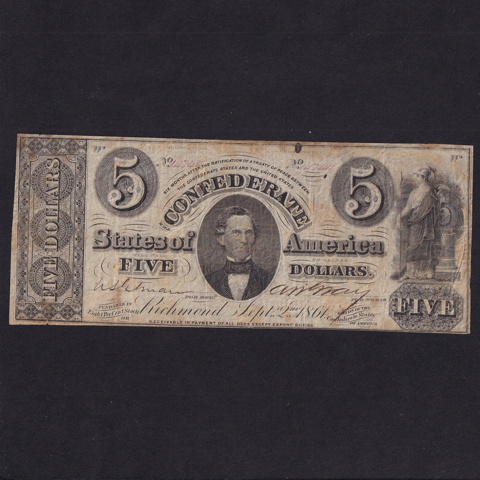 Confederate States (P17b) $5, 2nd September 1861, Memminger, black, no.14744, rust, Fine