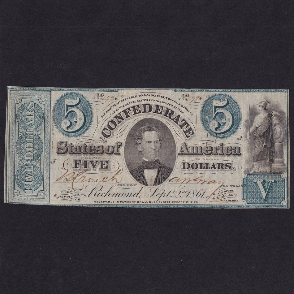 Confederate States (P16b) $5, 2nd September 1861, Memminger, blue-green, no.27959, Keating & Ball, cut cancelled, Fine