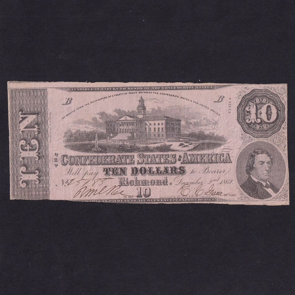 Confederate States (P52d) $10, 2nd December 1862, series 4, pink paper, blockade run, cut cancelled, Fine