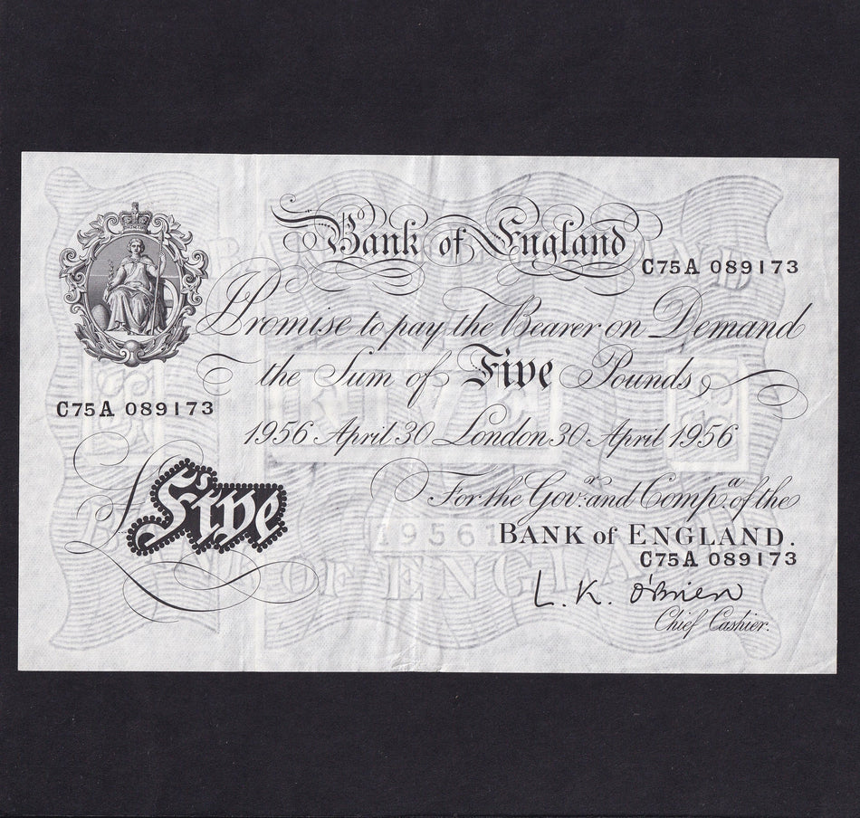 Bank of England (B276) O'Brien, £5, 30th April 1956, last year of white fivers, C75A 089173, centre fold, otherwise EF