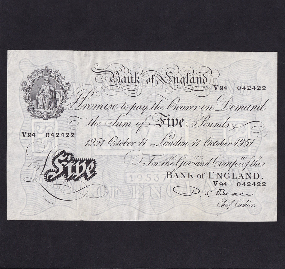 Bank of England (B270) Beale, £5, 11th October 1951, V94 042422, Good VF