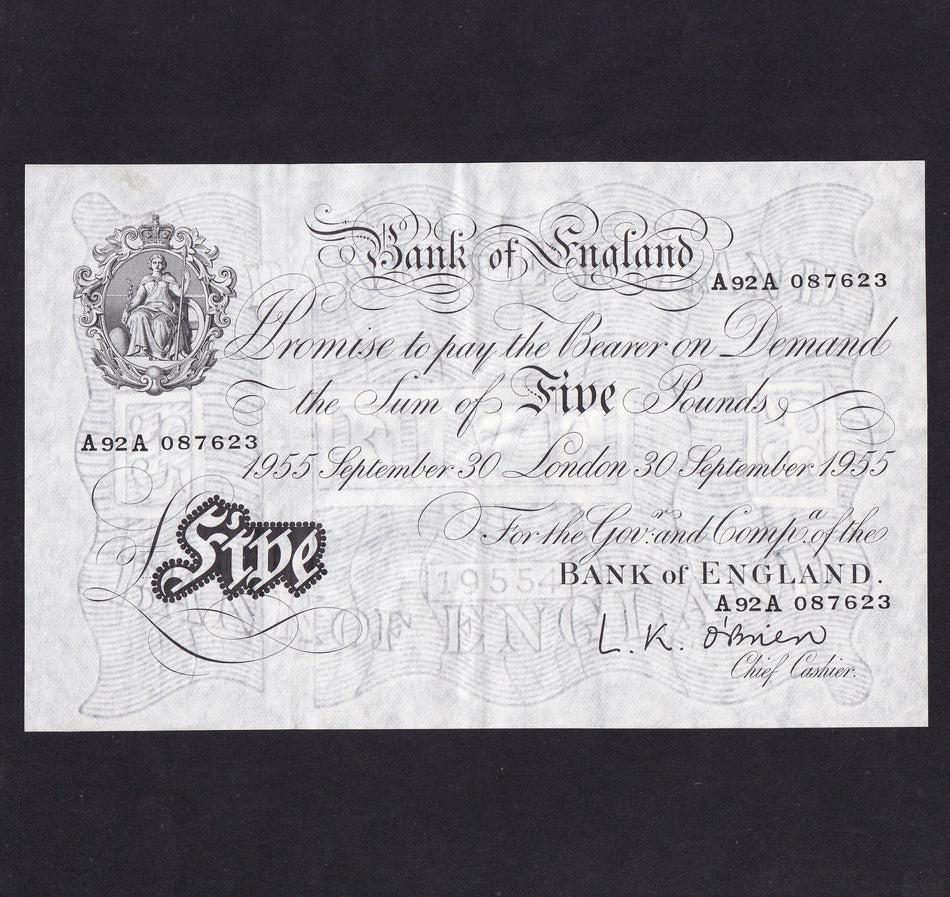 Bank of England (B276) O'Brien, £5, 30th September 1955, A92A 087623, centre fold, otherwise EF