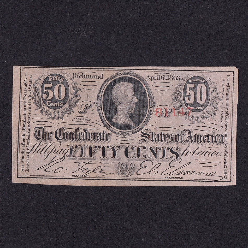 Confederate States (P56) 50 Cents, 1863, no.81147, Good EF