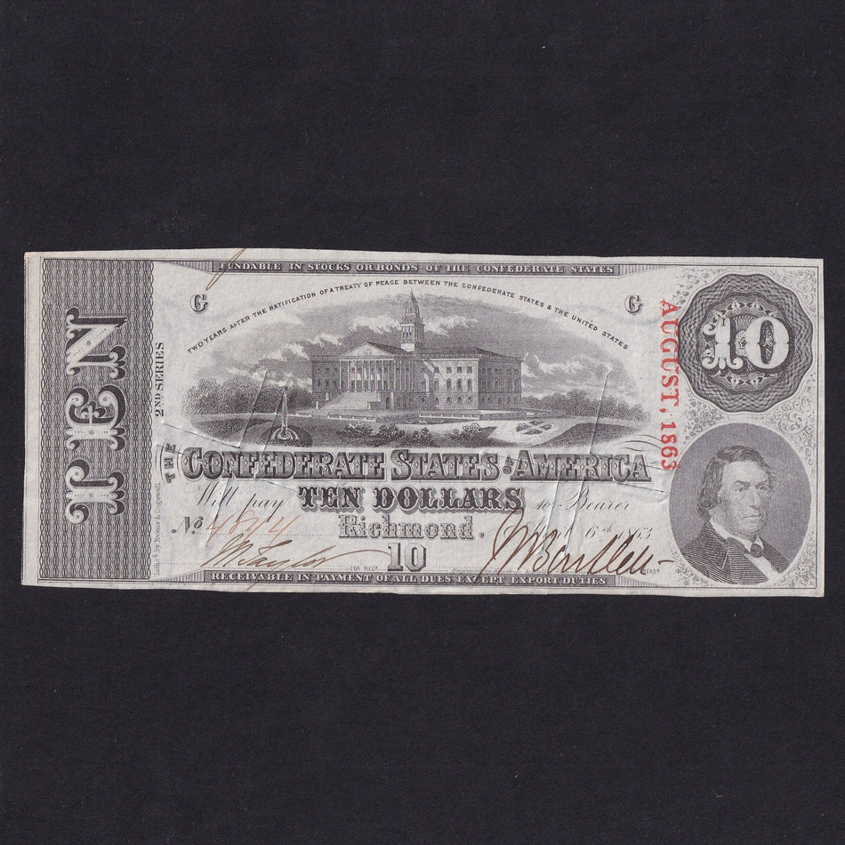 Confederate States (P60) $10, 1863, 2nd series, printer: E & C, red August 1863 stamp, cut cancelled, A/UNC