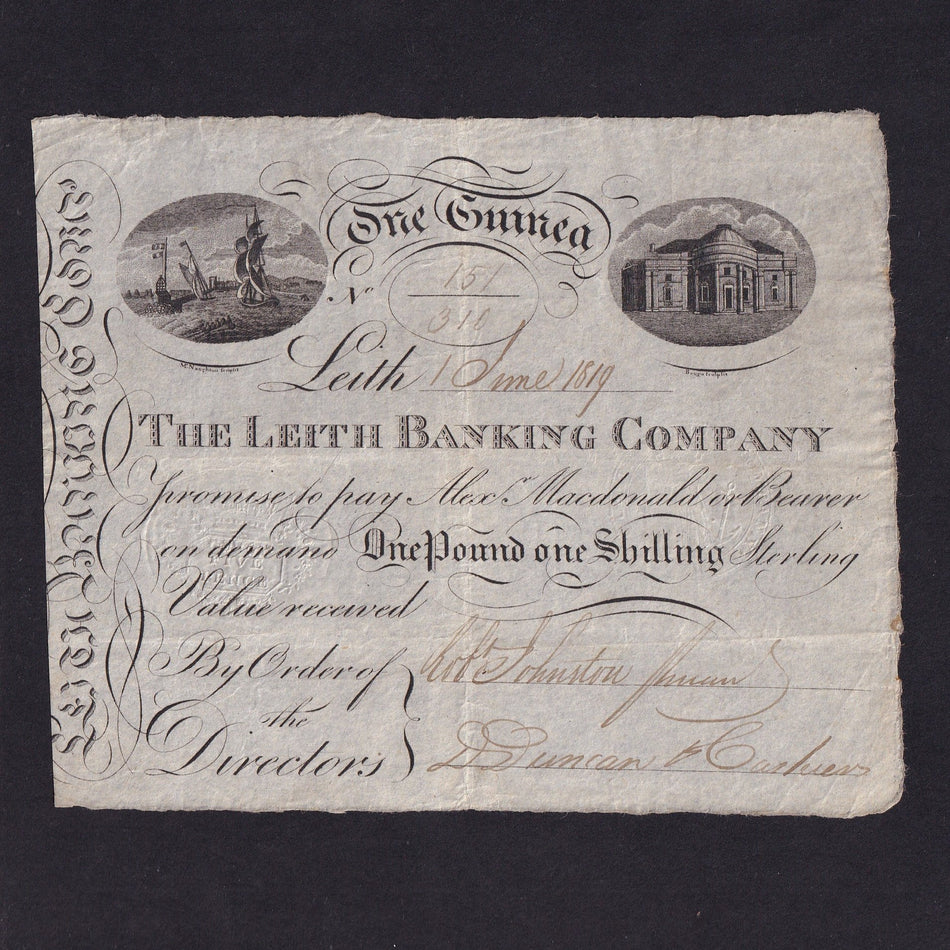 Scotland, Leith Banking Company, 1 Guinea, 1st June 1819, pay Alex Macdonald, no.151/310, LB5b, Good VF