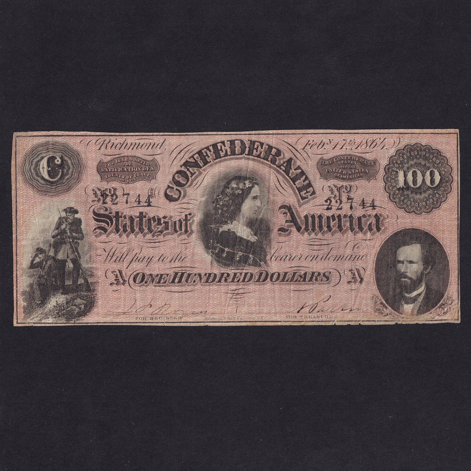 Confederate States (P71) $100, 1864, Lucy Pickens, no.22744, Good Fine