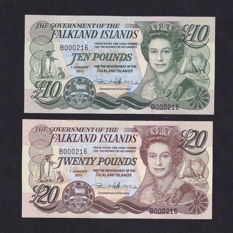 Falkland Islands (P18 & P19) £10 & £20 pair, 2011, B000216, UNC