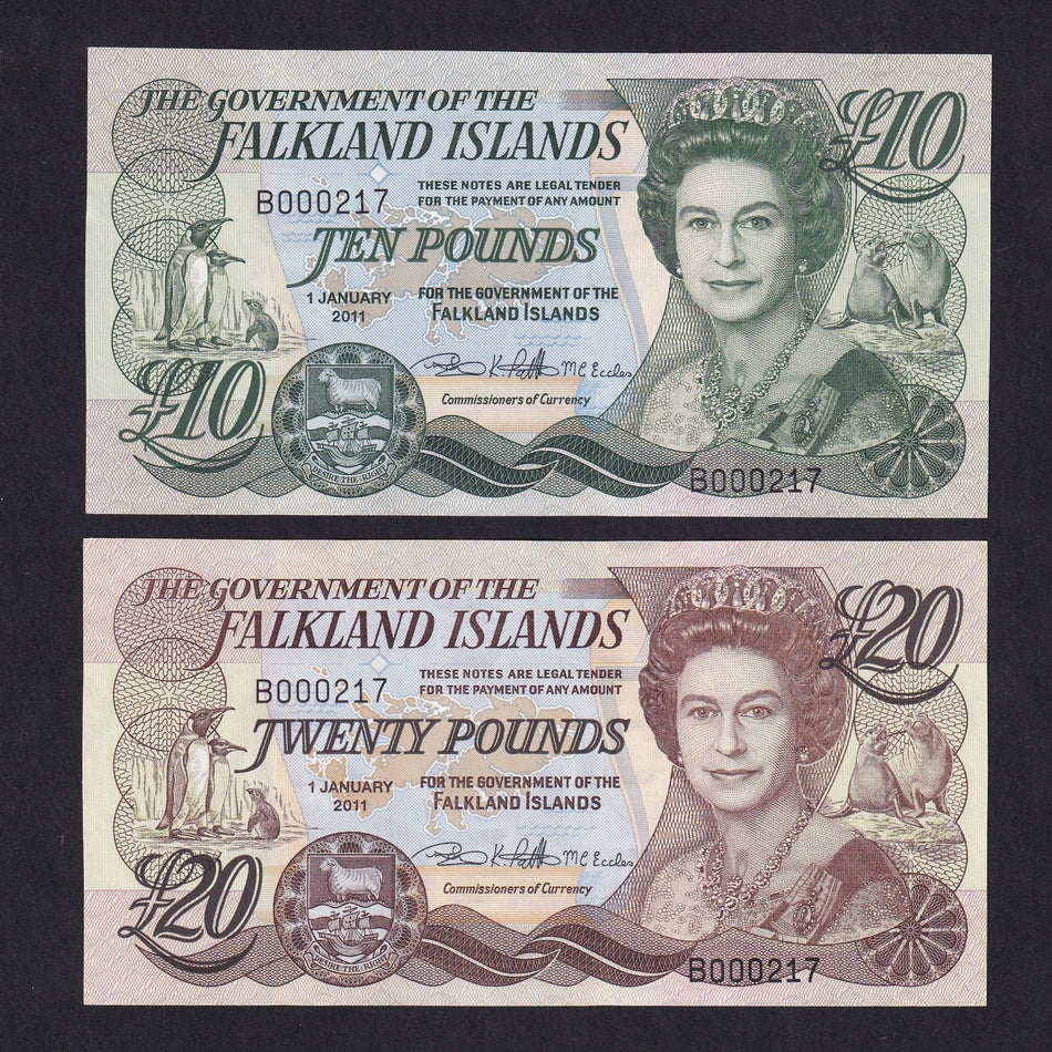 Falkland Islands (P18 & P19) £10 & £20 pair, 2011, B000217, UNC