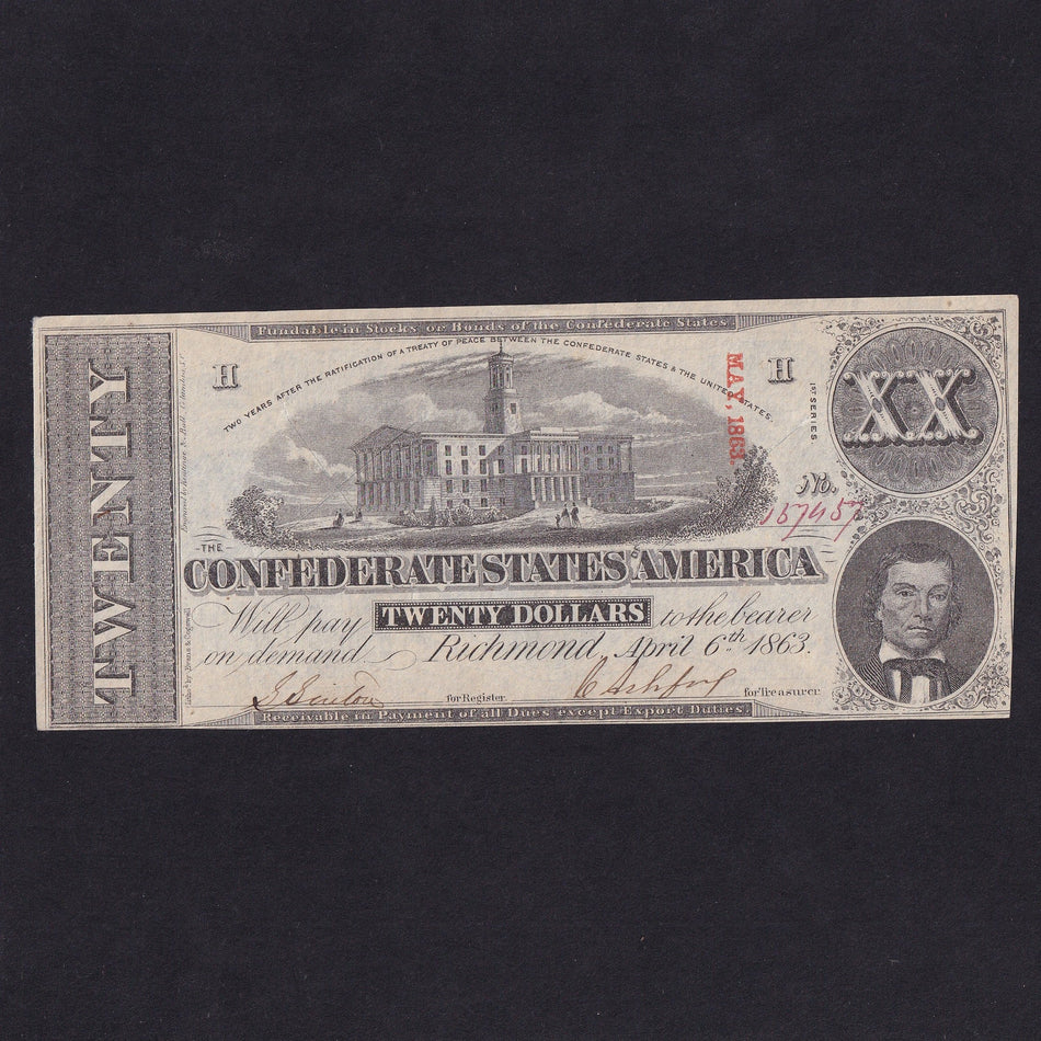 Confederate States (P61) $20, 1863, 1st series, printed K&B, red 'May, 1863', cut cancelled, Good EF