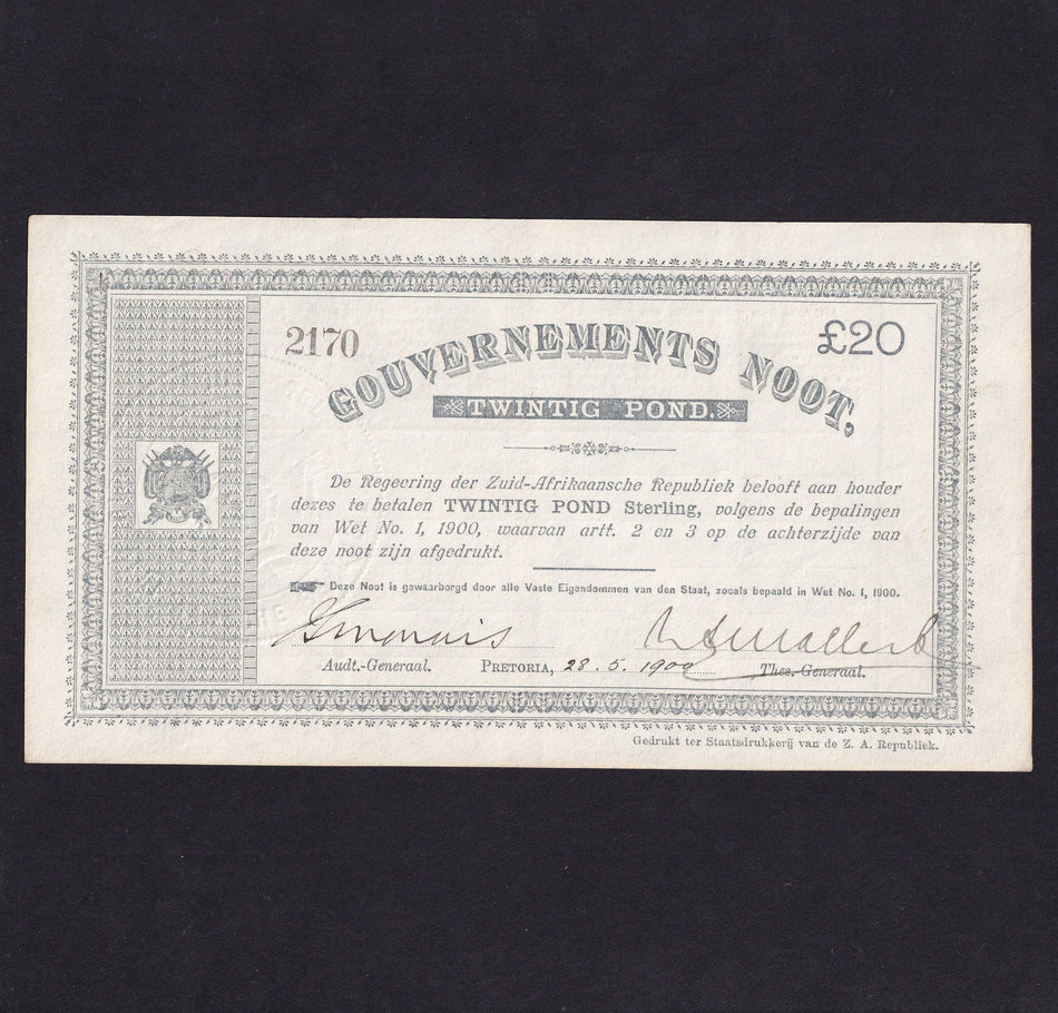 South Africa (P57b) £20, 28th May 1900, Pretoria, Boer War, without No. by serial 2170, EF