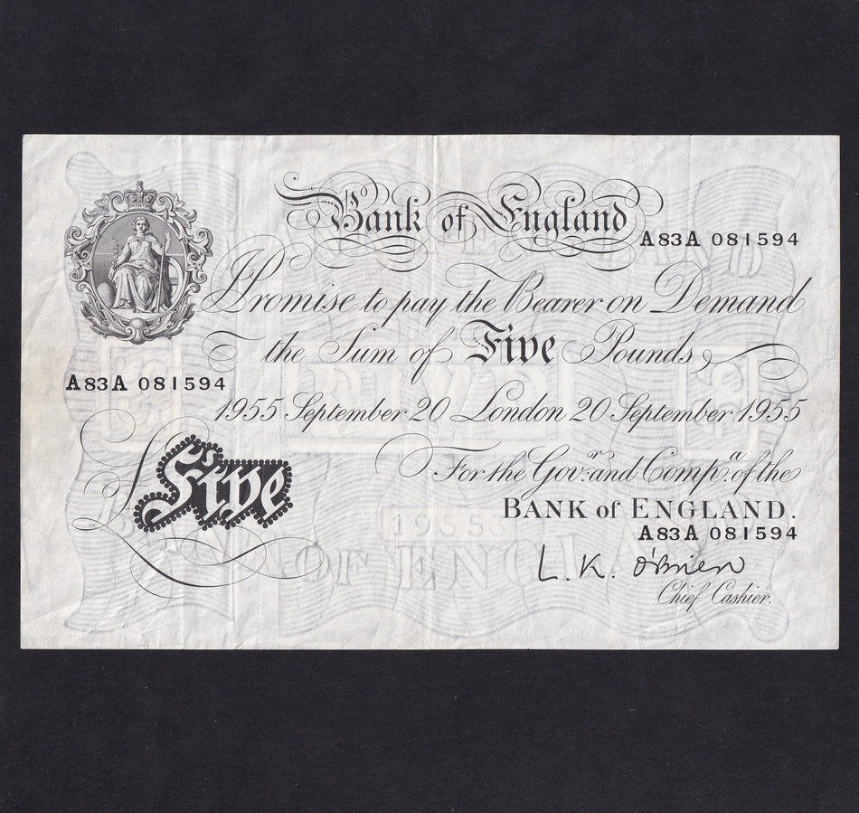 Bank of England (B260) O'Brien, £5, 20th September 1955, A83A 081594, pressed, Good VF