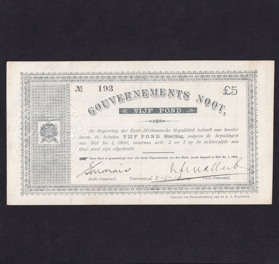 South Africa (P55a) £5, 28th May 1900, Pretoria, Boer War, with No.193, A/UNC