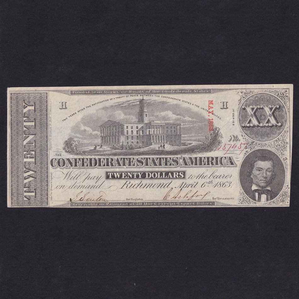 Confederate States (P61) $20, 1863, 1st series, printed K&B, red May 1863, cut cancelled, Good EF