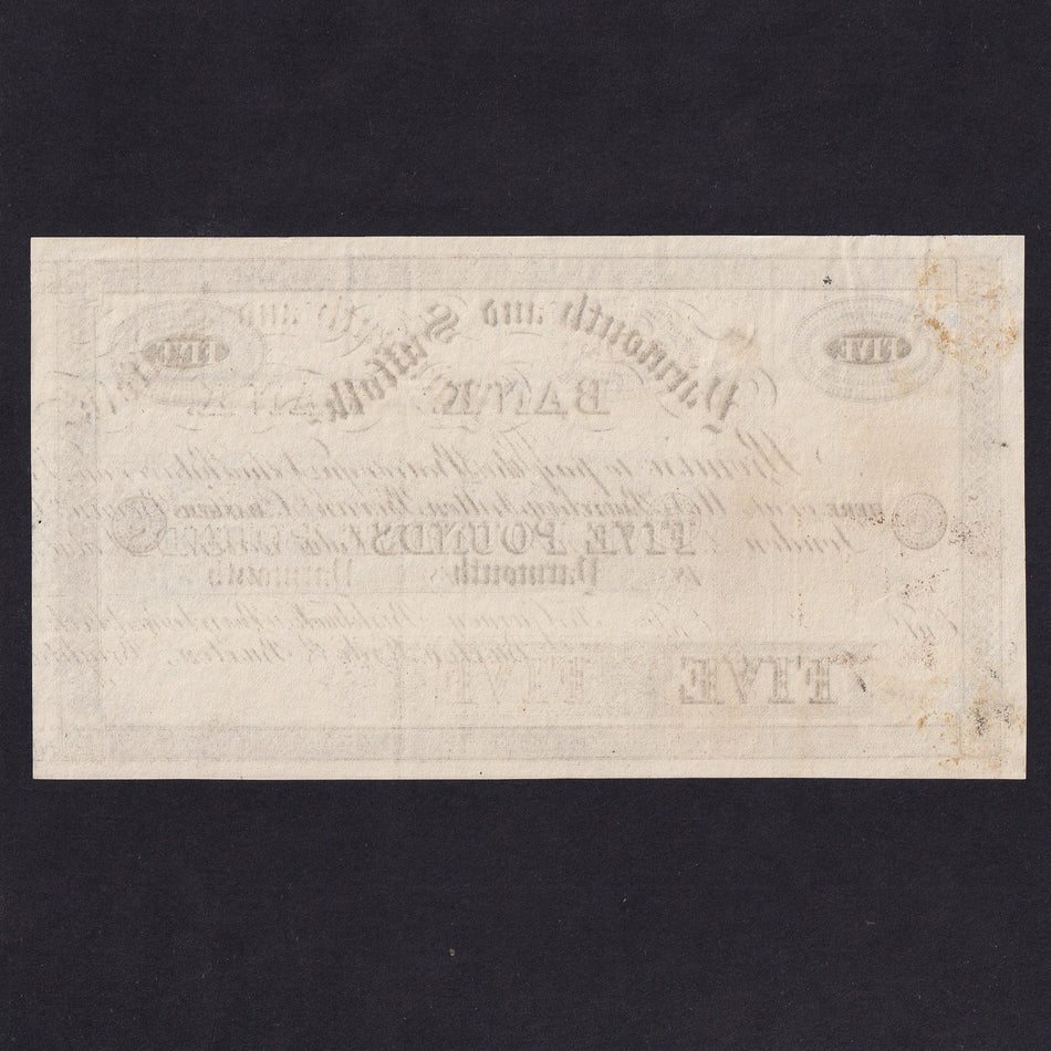 Provincial - Yarmouth & Suffolk Bank, £5 obverse proof, pencil date 1875, but partnership not listed, Outing 857t, mount marks, EF