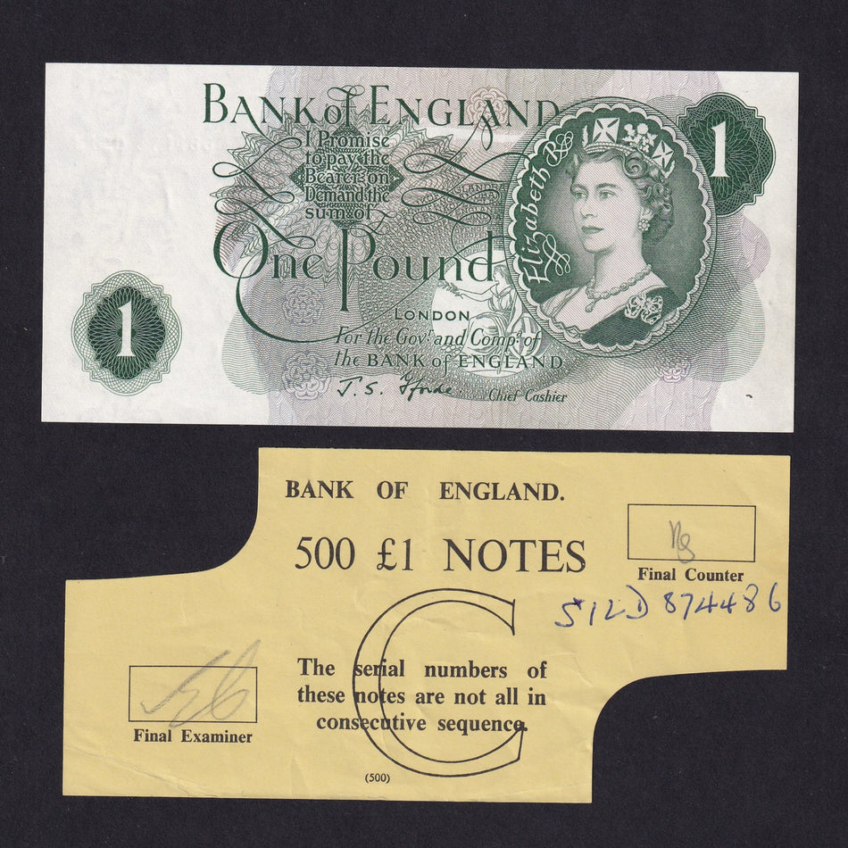 Bank of England (B305) Fforde, £1 error, missing serial, with BOE bundle wrapper, Good EF