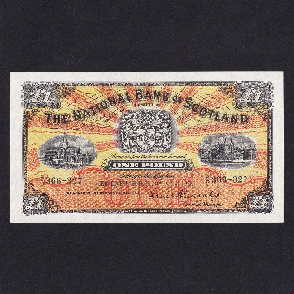 Scotland (P258c) National Bank of Scotland, £1, 10th May 1956, B/O 366 327, Alexander signature, title in italics, PMSNA51, EF